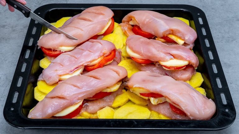 Pockets made of chicken breast with potatoes. A royal dinner into the oven!