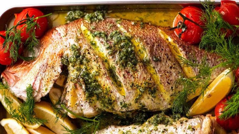 Whole Baked Fish – Herb Stuffed, with Garlic Butter Dill Sauce