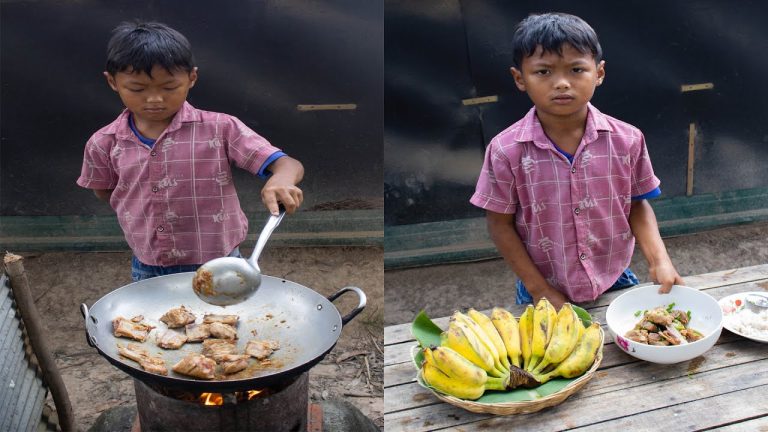 Smart Boy Heng cooking Pork Ribs recipe so tasty , Rural life little chef