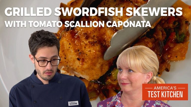 How to Make Grilled Swordfish Skewers with Tomato-Scallion Caponata