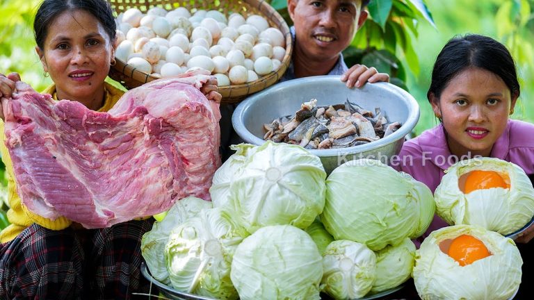 Cooking Eggs Pork Belly & Fish Paste in Cabbage Recipe in My Village – Steaming For Donation Foods