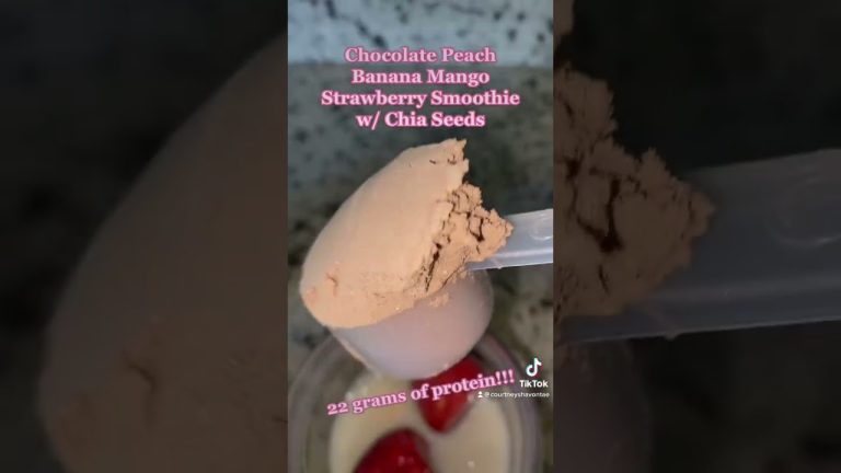 Chocolate Peach Mango Banana Strawberry Protein Smoothie w/ Probiotics & Chia Seeds in Ninja Blender