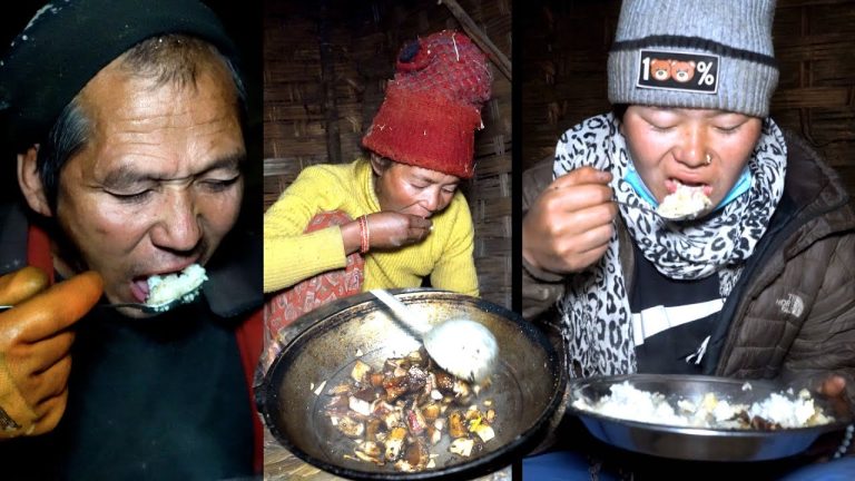 jungle man  family cooking pork curry in dinner || A family  in the jungle ||