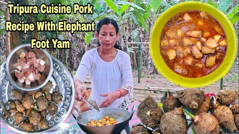 Pork Recipe With Elephant Yam || Tripura Village Style Cooking || Northeast Village Life