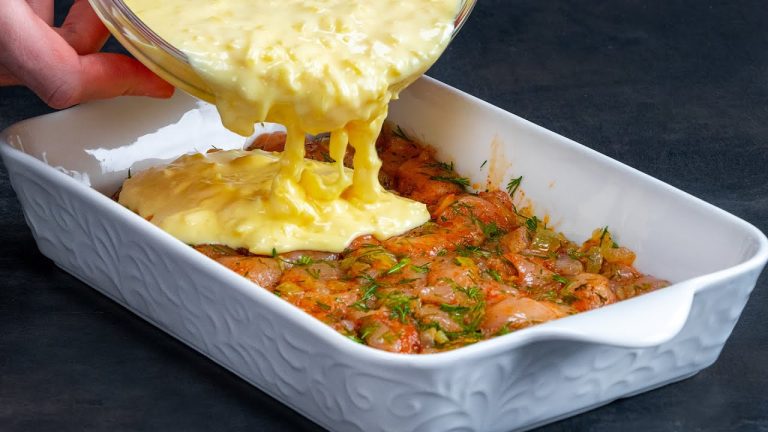 Chicken breast covered with sauce and baked in the oven. The most creamy recipe!