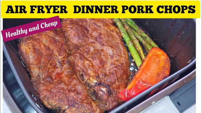 TASTY AIR FRYER PORK CHOPS WITH VEGETABLES RECIPE . HEALTHY MID-WEEK LOW BUDGET DINNER RECIPES.