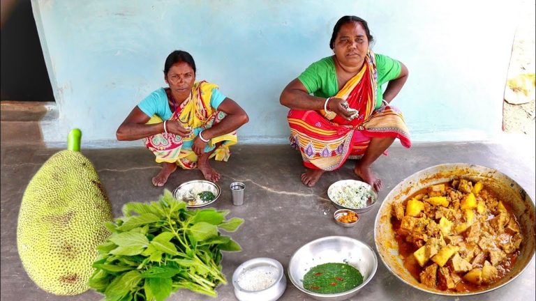 santali tribe tradisional cooking jackfruit curry and jute leave recipe prepare by village women