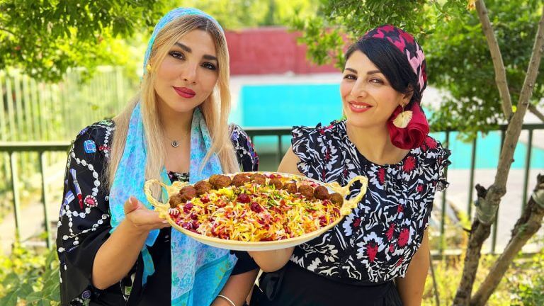 🍒Village Girls Cook Cherry Rice with Meatball🍒Iranian Albaloo Polo Recipe! Village Routine life