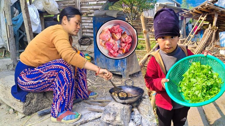 Pork & GreenMustard (RAYO) Recipe with rice Cooking & eating in Village Kitchen || pork rice eating