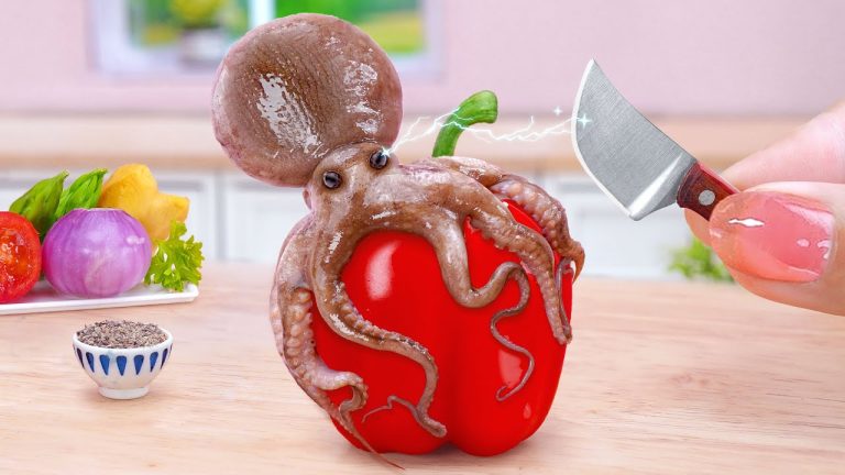 Tasty Seafood Recipe 🐙 How To Cook Miniature Baked Octopus With Red Bell Pepper 🤤 Tina Mini Cooking