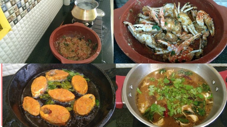 Casual cooking vlog/Non veg recipes/Seafood recipes/Fish fry/Crab gravy/Nandu kulambu/Indian Salmon