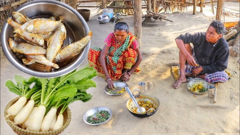 traditional DRY FISH with RADISH recipe cooking & eating by santali tribe couple