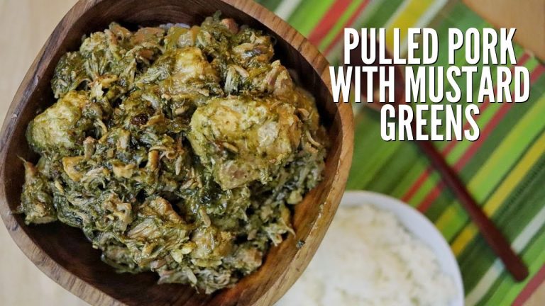 HMONG FOOD RECIPES: Grandma's Pulled Pork with Mustard Greens & Ginger, Nqaij Tsaws nrog Zaub Ntsuab