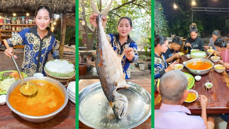 Fry big fish and cook traditional Cambodian noodle soup recipe | Cooking with Sros