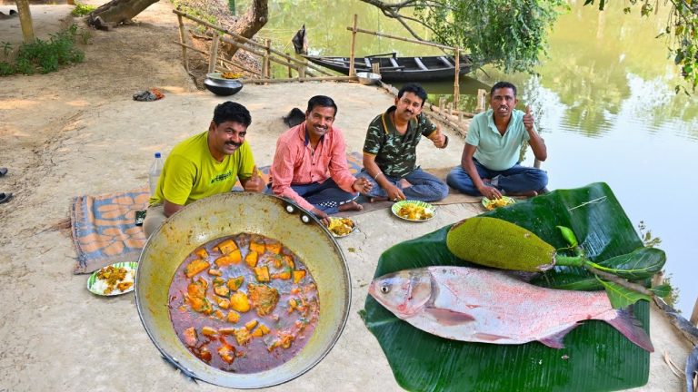 Green Jackfruit and Fish curry | Echor Recipe bengali style | village fishing and cooking video