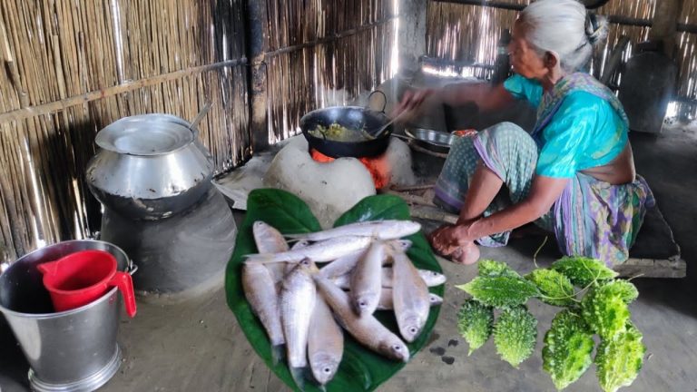 Santali grandmother cooking & eating SMALL FISH recipe with BITTER GOURD | How to cook fish recipe