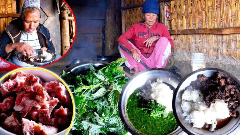 jungle man's wife cooks pork & green nettles curry and rice for lunch || @junglefamilycooking
