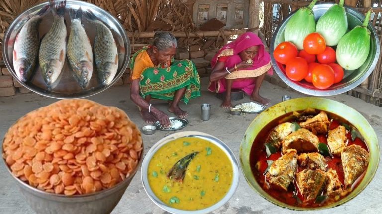 BRINJAL with FISH CURRY and musoor dal recipe cookin&eating by our grandma &mother||rural life