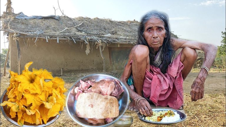 village poor old widow Grandma cooking PORK with Pumpkin flower curry& eating|rural poor life india