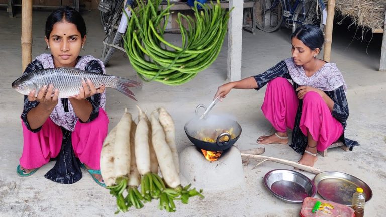 Big ROHU fish cooking with RADISH in village by santali CUTE GIRL | How to cook big fish recipe