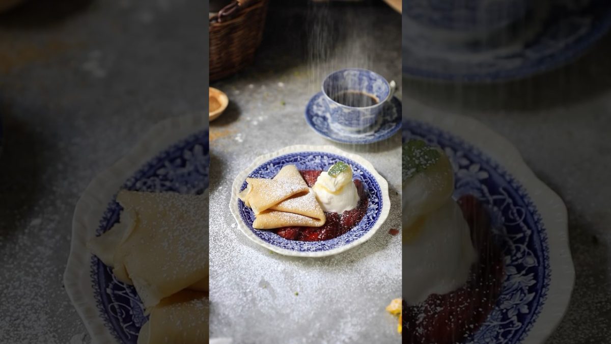 Roasted Strawberry Rhubarb Sauce and Easy Lemon Ice Cream with Crepes😋 #food