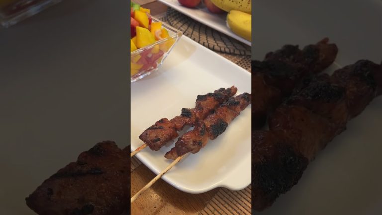 Pork bbq on a stick Pinoy Style.                     #barbeque with mango salsa