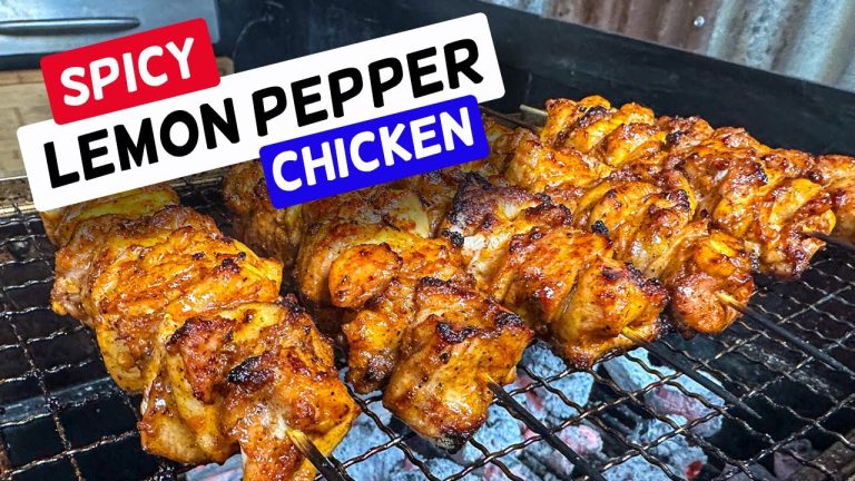 Lemon pepper chicken thighs on skewers by Schueys BBQ