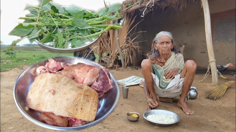 90 year old widow Grandma cooking PORK CURRY with SHUTI and eating with rice||rural life india