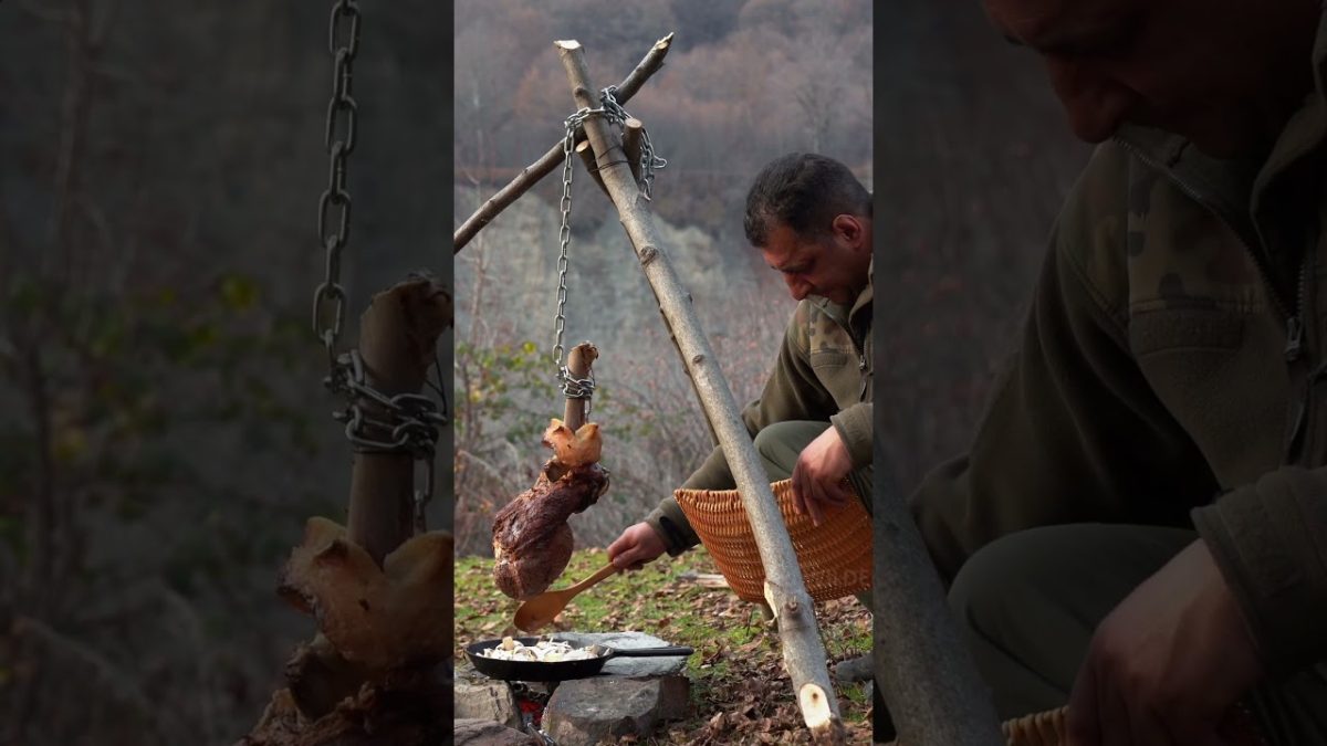 Juicy Meat on the Bone cooked On a chain by Wilderness Cooking!