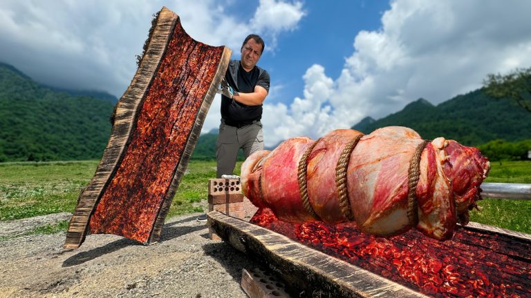 I Made a Real Grill Out of a Huge Log! Roasting a Lot of Lamb Meat in a Log