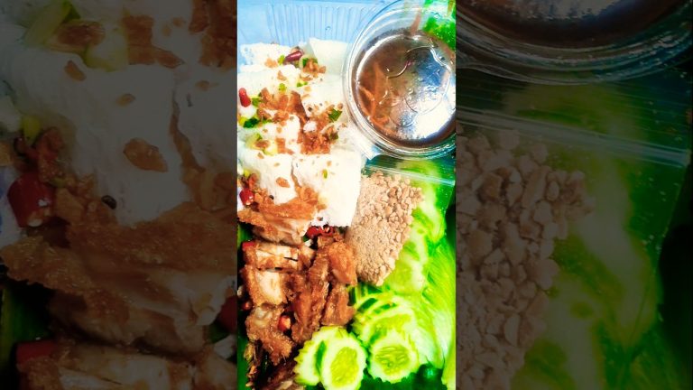 Fresh salad,  rice noodle,  ad crispy pork Belly