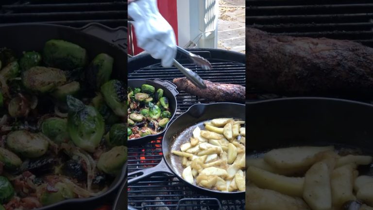 Grilled Pork Tenderloin, crispy Bacon Brussels Sprouts with Apple Gastrique. #Grill #BBQ #Charcoal
