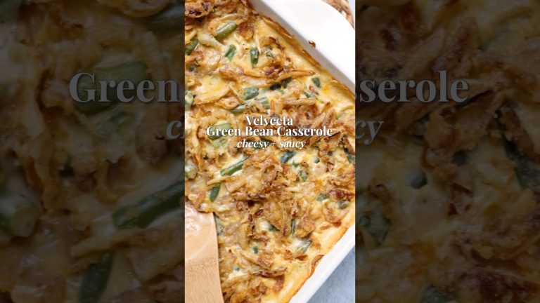 Velveeta Green Bean Casserole Recipe (cheesy, saucey, creamy) #thanksgivingdinner