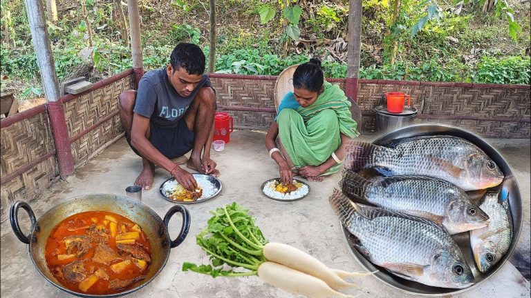 TILAPIA FISH Curry With RADISH । Village Traditional Fish Recipe Cooking & Eating By Mother and Son