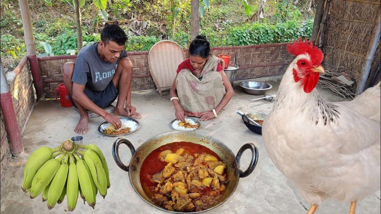 CHICKEN WITH RAW BANANA । Village Traditional Chicken Recipe Cooking & Eating By Mother And Son
