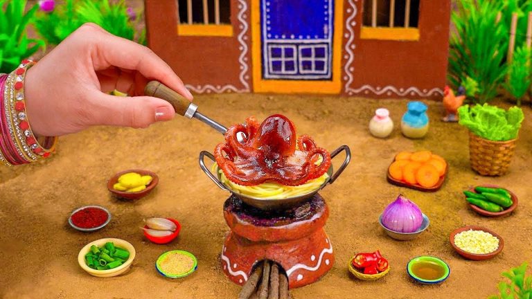 Miniature SPICY OCTOPUS Stir-fried Noodles Recipe | Seafood Recipes by Tiny Foodkey – ASMR FOOD