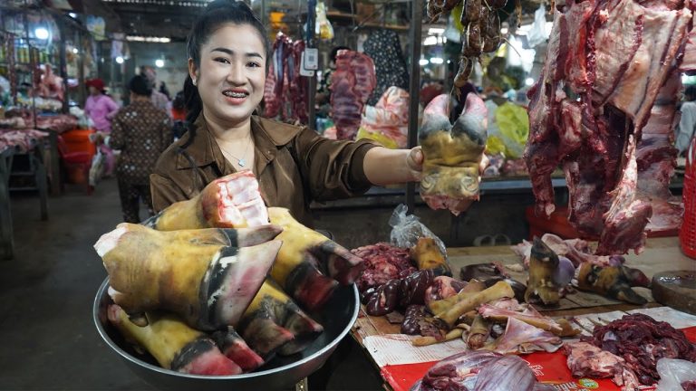 Market tour and cooking : Yummy beef feed cooking – Beef feed soup recipe