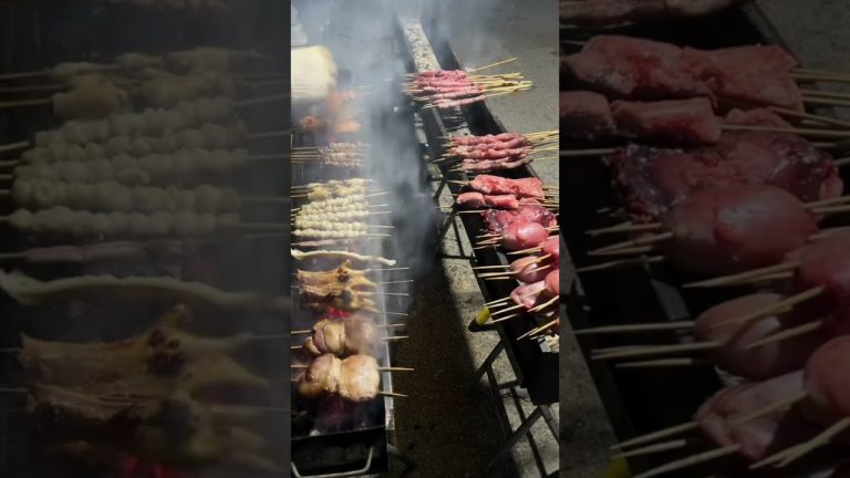 Outdoor grilled meat skewers