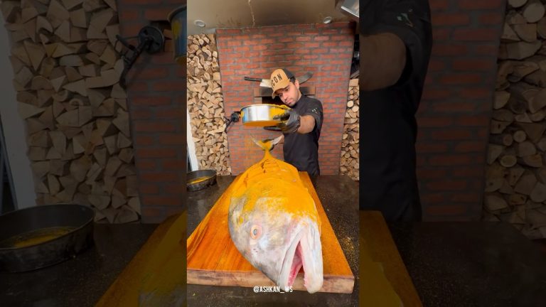 Cooking giant trevally fish with rice 🔥🐬 #shorts #food #fish #seafood