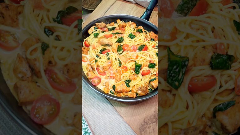 Szybki i pyszny makaron z kurczakiem, pomidorkami i szpinakiem. Idealny obiad na każdą porę!