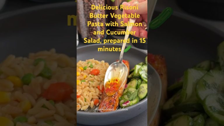 Delicious Risoni Butter Vegetable Pasta with Salmon and Cucumber Salad, prepared in 15 minutes 🥒