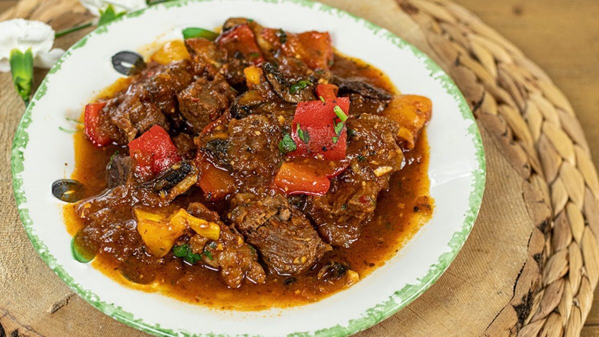 Make this Cozy Greek Beef Stew with Peppers & Mushrooms