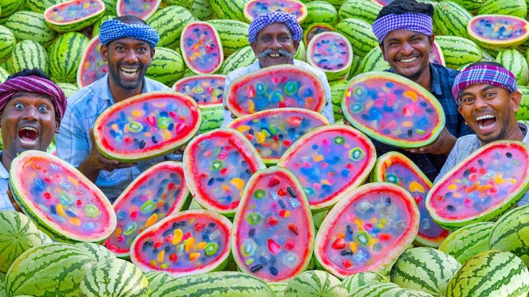 WATERMELON JELLY | Fresh Colorful Fruit Jelly Recipe Making in Village | Agar Agar Jelly Cooking