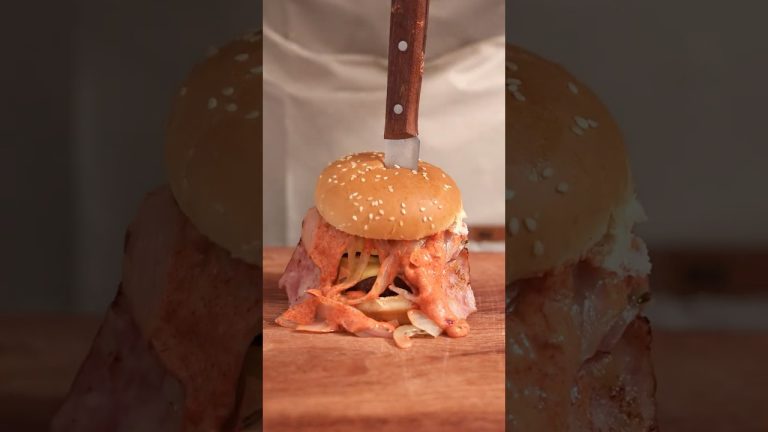 Homemade Double Beef Burger: Cheese, Bacon & Caramelized Onions   #food