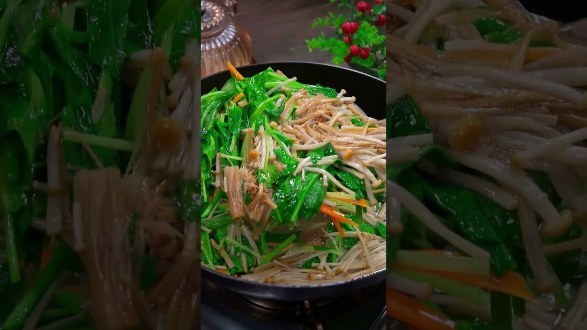 Spinach mixed with enoki mushrooms, my whole family loves it. #chinesefood #cooking #recipe