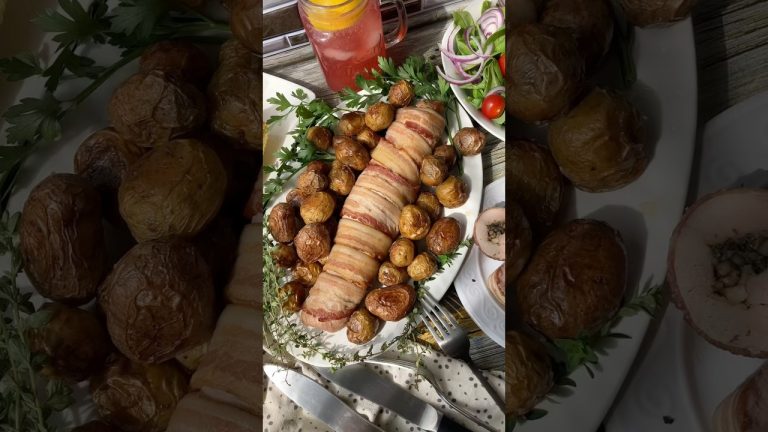 Fancy Dinner Idea Bacon-Wrapped Pork Tenderloin with Mushroom Stuffing and Baby Potatoes #meatlovers