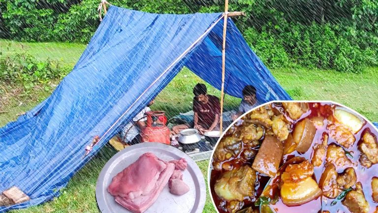 Desi style camping in rain cooking pork curry | pork eating | pork recipe | group campaign in rain