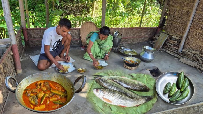 SMALL FISH Curry Parwal Cooking and eating by village mother and son