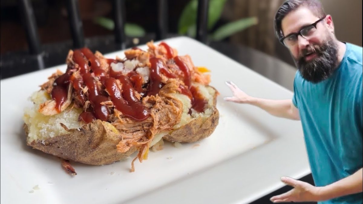 BBQ Baked Potatoes with Pulled Pork smoked on a pellet grill