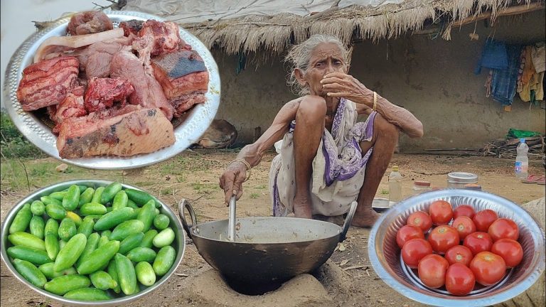 PORK CURRY with Pointed Gourd recipe cooking & eating by Poor old Grandma||Grandma village Kitchen